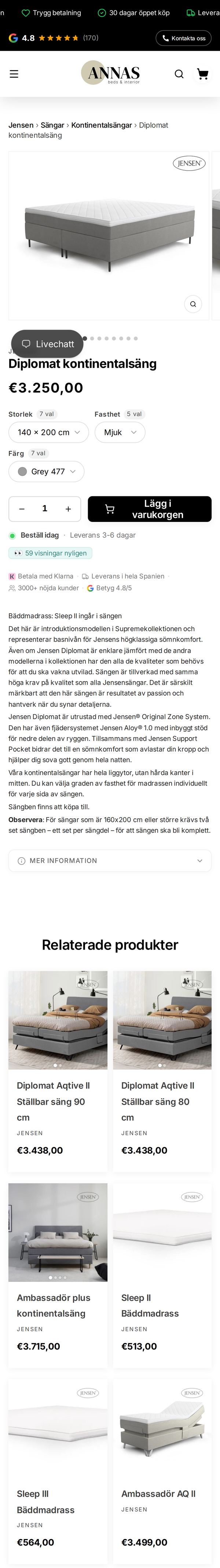 Produktsidan för Jensen Diplomat kontinentalsäng på annas.cc i en mobil, med val av storlek, fasthet och färg och leveranstid.