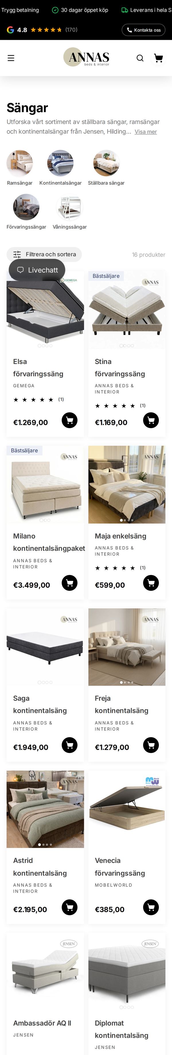 Kategorisidan Sängar på annas.cc i en mobil, med underkategorier, filter och produktkort med pris.