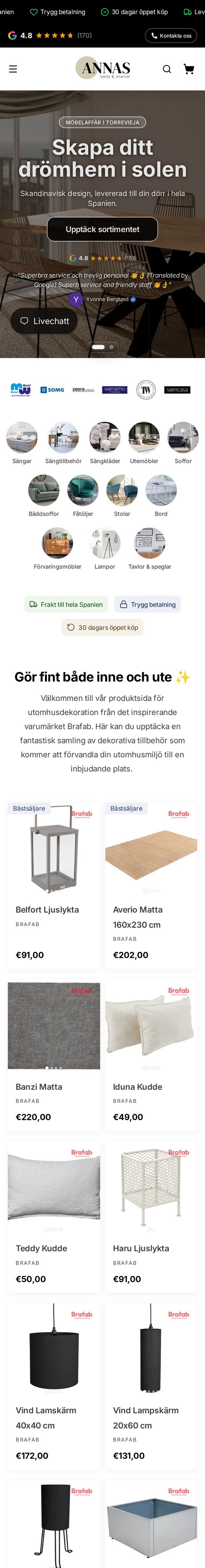 Startsidan på annas.cc i en mobil: rubriken Skapa ditt drömhem i solen, kategorier med runda bilder och trygghetsmärken för frakt, betalning och öppet köp.
