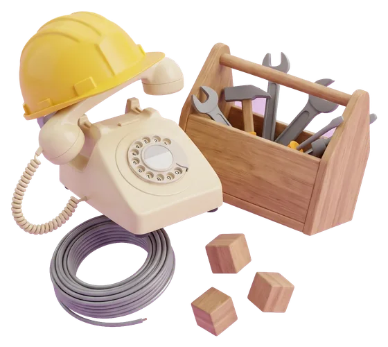 En gammal telefon med bygghjälm, bredvid en verktygslåda, en kabelrulle och några byggklossar.