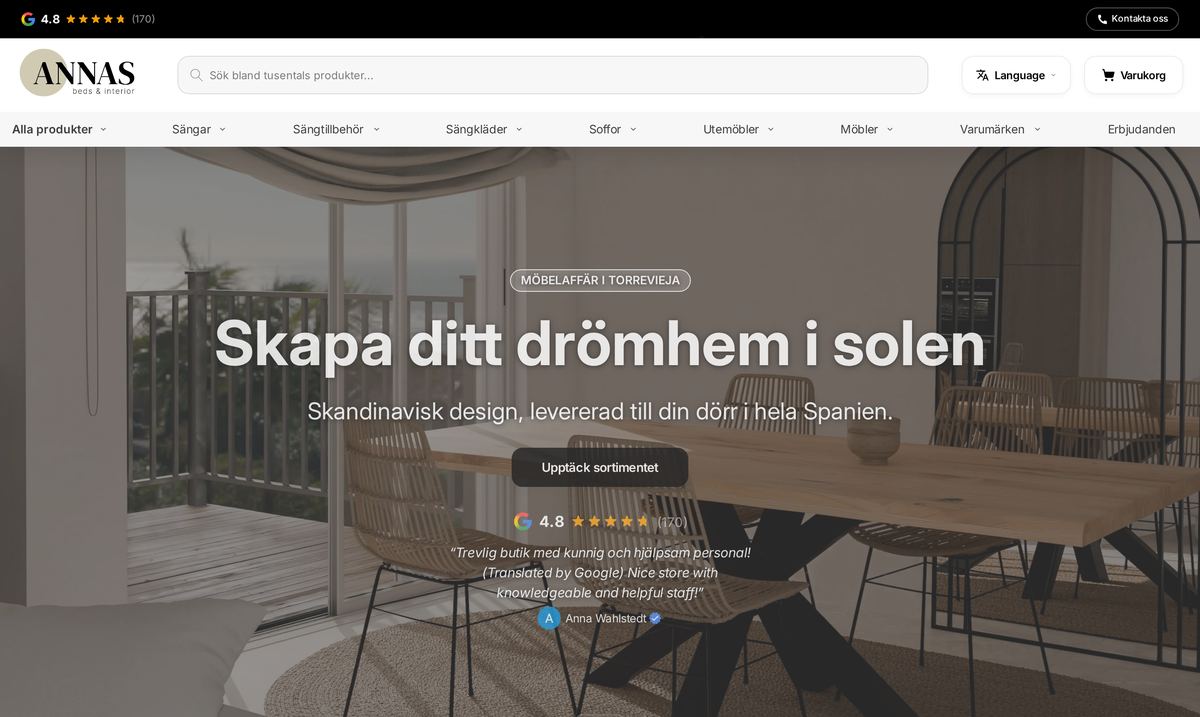 Startsidan på annas.cc i en dator: menyn, rubriken Skapa ditt drömhem i solen och knappen Upptäck sortimentet.
