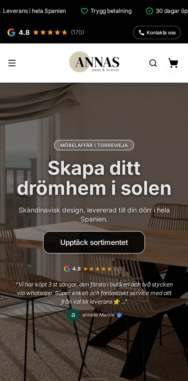 Startsidan på annas.cc i en mobil: rubriken Skapa ditt drömhem i solen, knappen Upptäck sortimentet och ett kundomdöme.