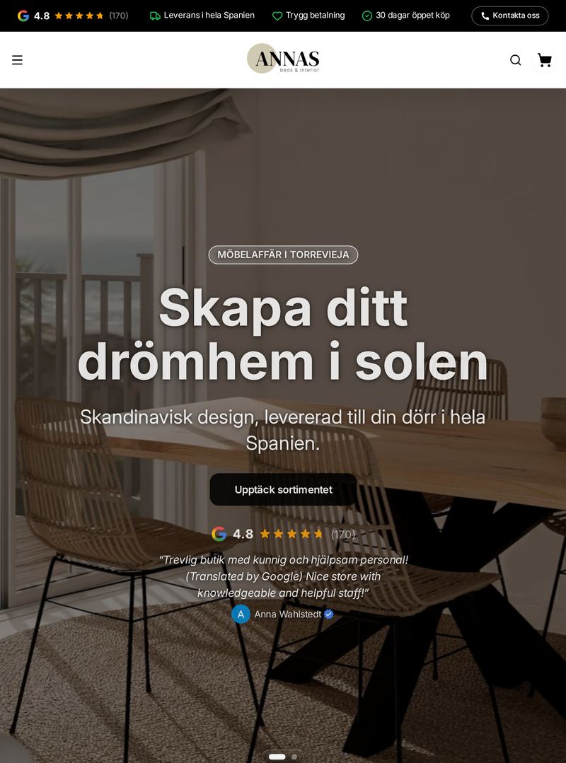 Startsidan på annas.cc i en surfplatta: rubriken Skapa ditt drömhem i solen, knappen Upptäck sortimentet och betyget från Google.
