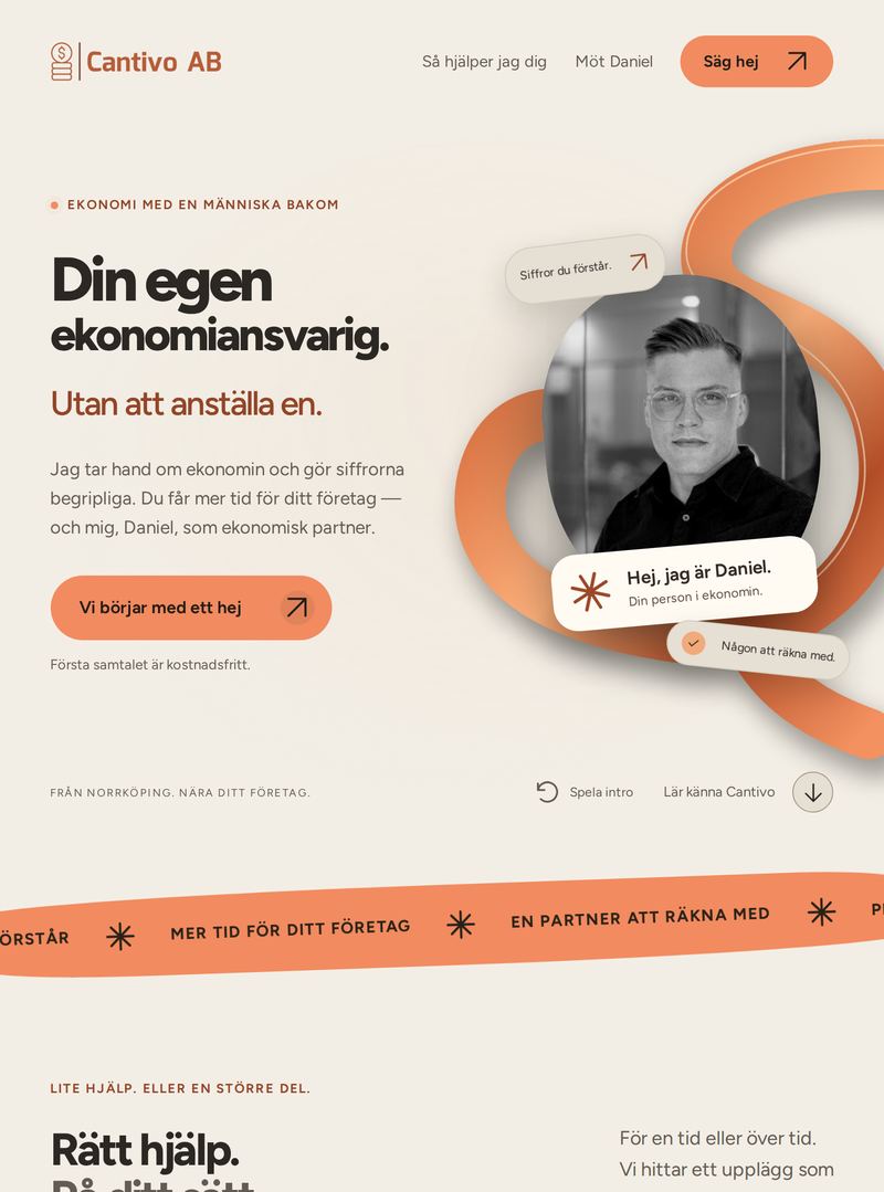 Startsidan på cantivo.se i en surfplatta: rubriken Din egen ekonomiansvarig, kopparbandet och ett porträtt av Daniel.