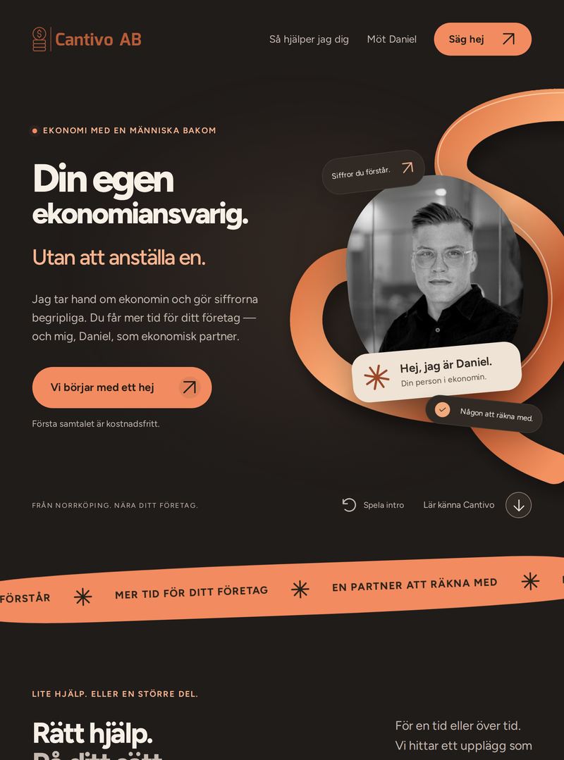 Startsidan på cantivo.se i en surfplatta: rubriken Din egen ekonomiansvarig, kopparbandet och ett porträtt av Daniel. I mörkt läge.