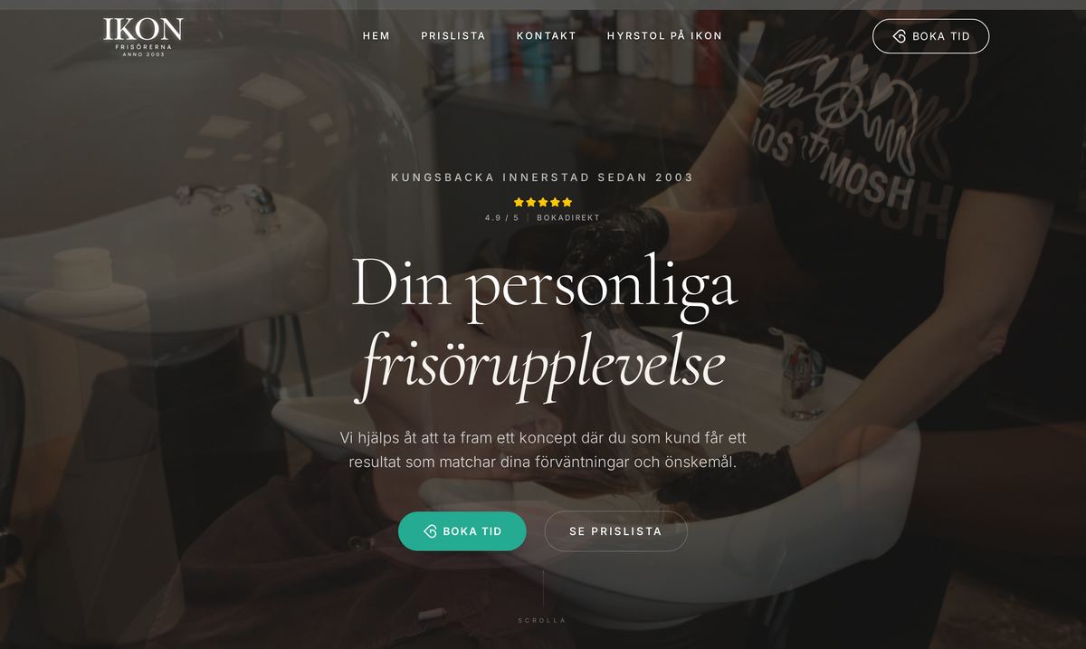 Startsidan på ikonfrisorerna.se i en dator: rubriken Din personliga frisörupplevelse över en bild från salongen.