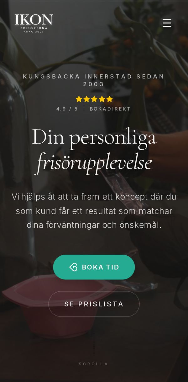 Startsidan på ikonfrisorerna.se i en mobil: IKON-loggan, rubriken Din personliga frisörupplevelse och knapparna Boka tid och Se prislista.