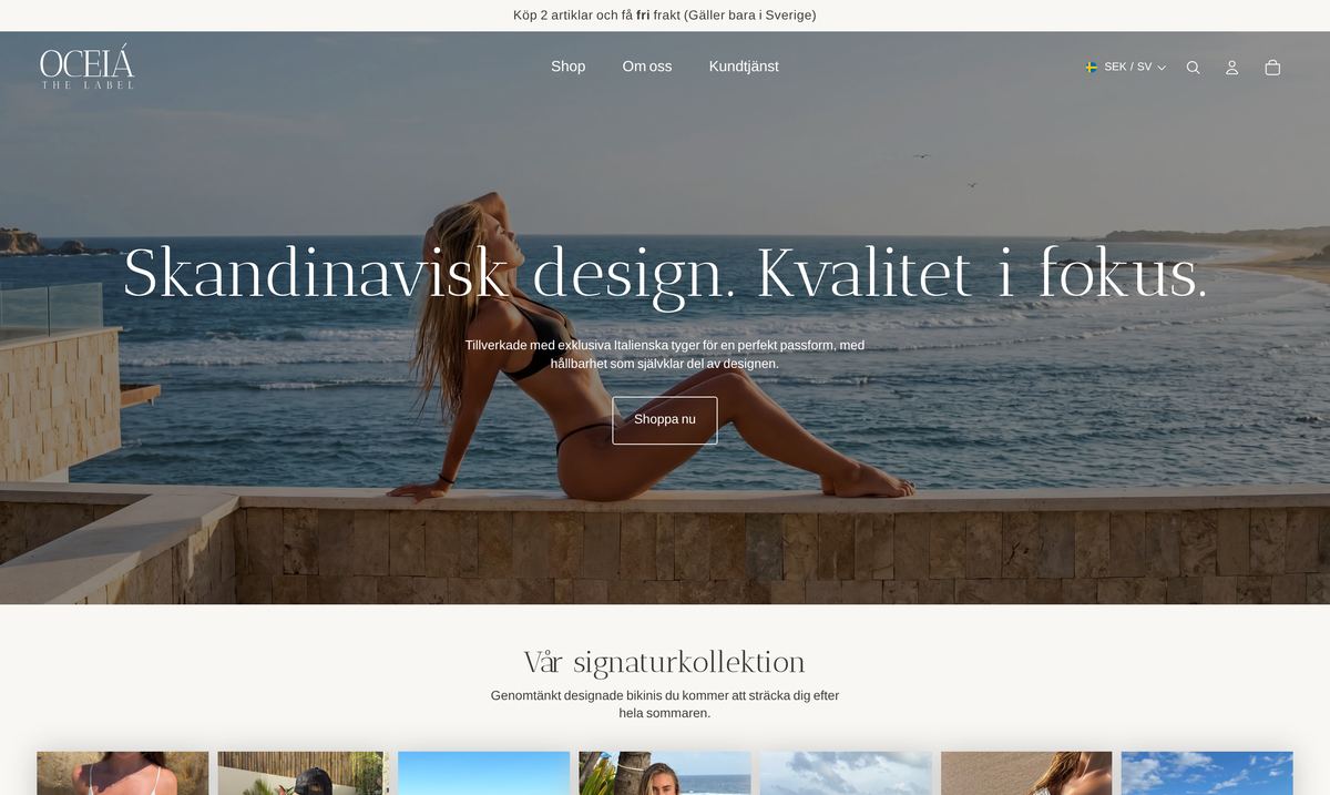 Startsidan på oceiathelabel.com i en dator: rubriken Skandinavisk design. Kvalitet i fokus. över en bild vid havet.