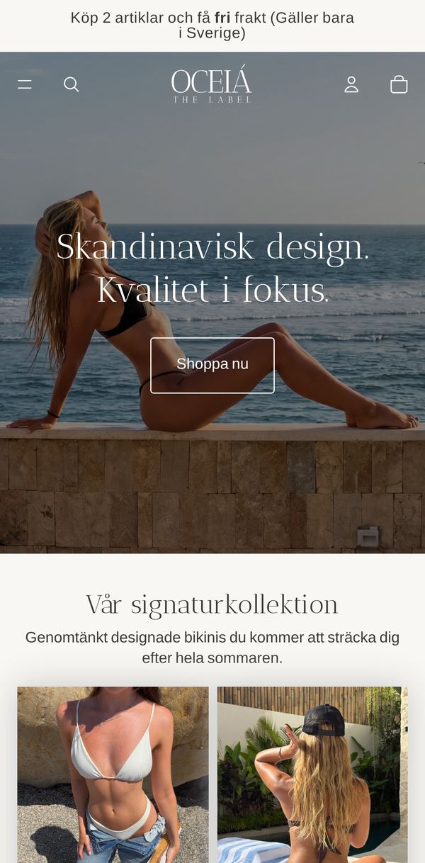 Startsidan på oceiathelabel.com i en mobil: rubriken Skandinavisk design. Kvalitet i fokus. och knappen Shoppa nu.