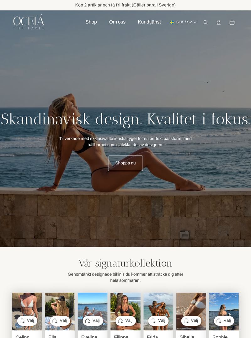 Startsidan på oceiathelabel.com i en surfplatta: havsbilden med rubriken Skandinavisk design. Kvalitet i fokus. och signaturkollektionen.